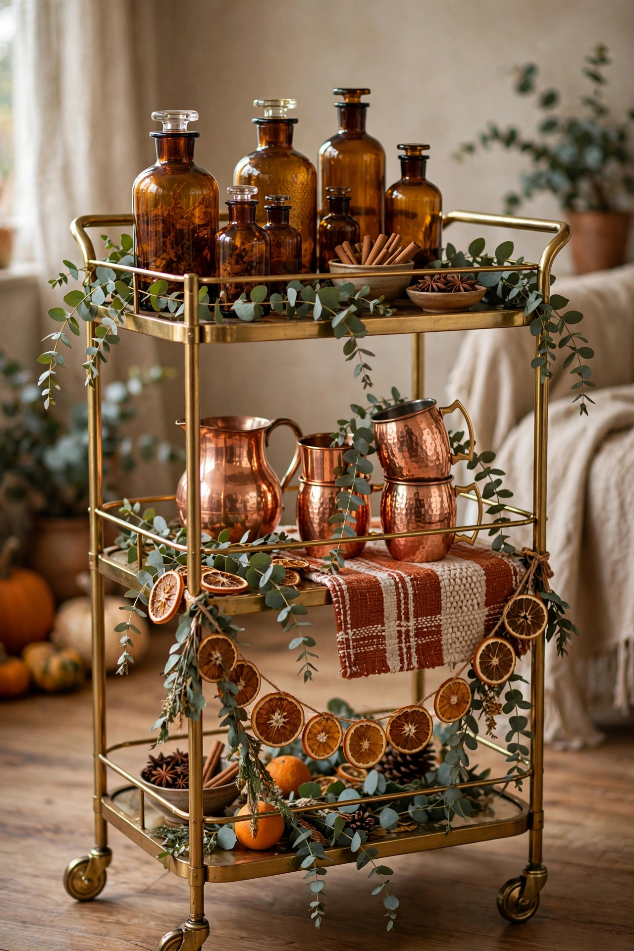 A warm amber Thanksgiving bar cart with copper mugs and a dried orange garland.