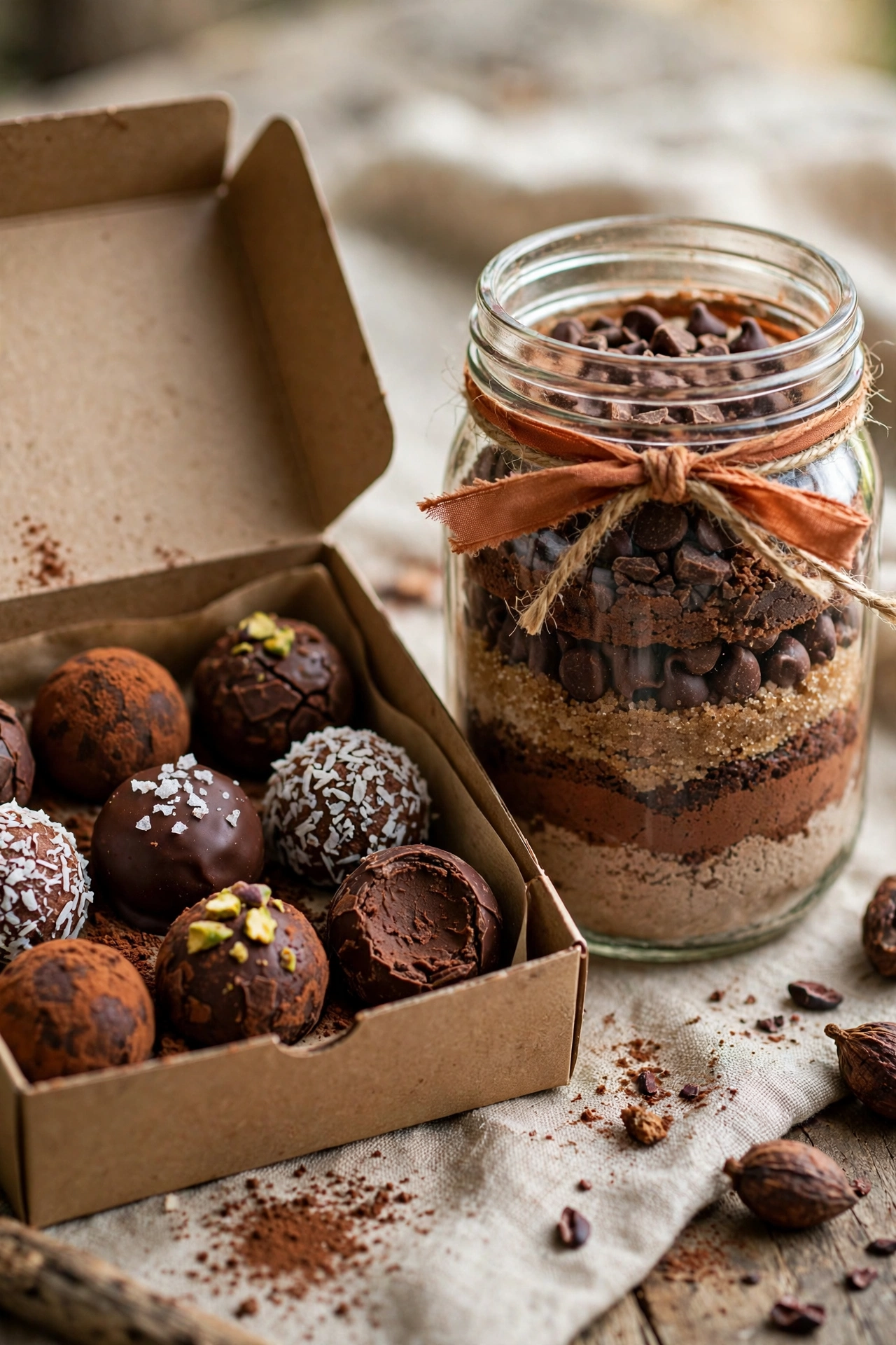 Artisan chocolates beside a jar of layered brownie baking mix