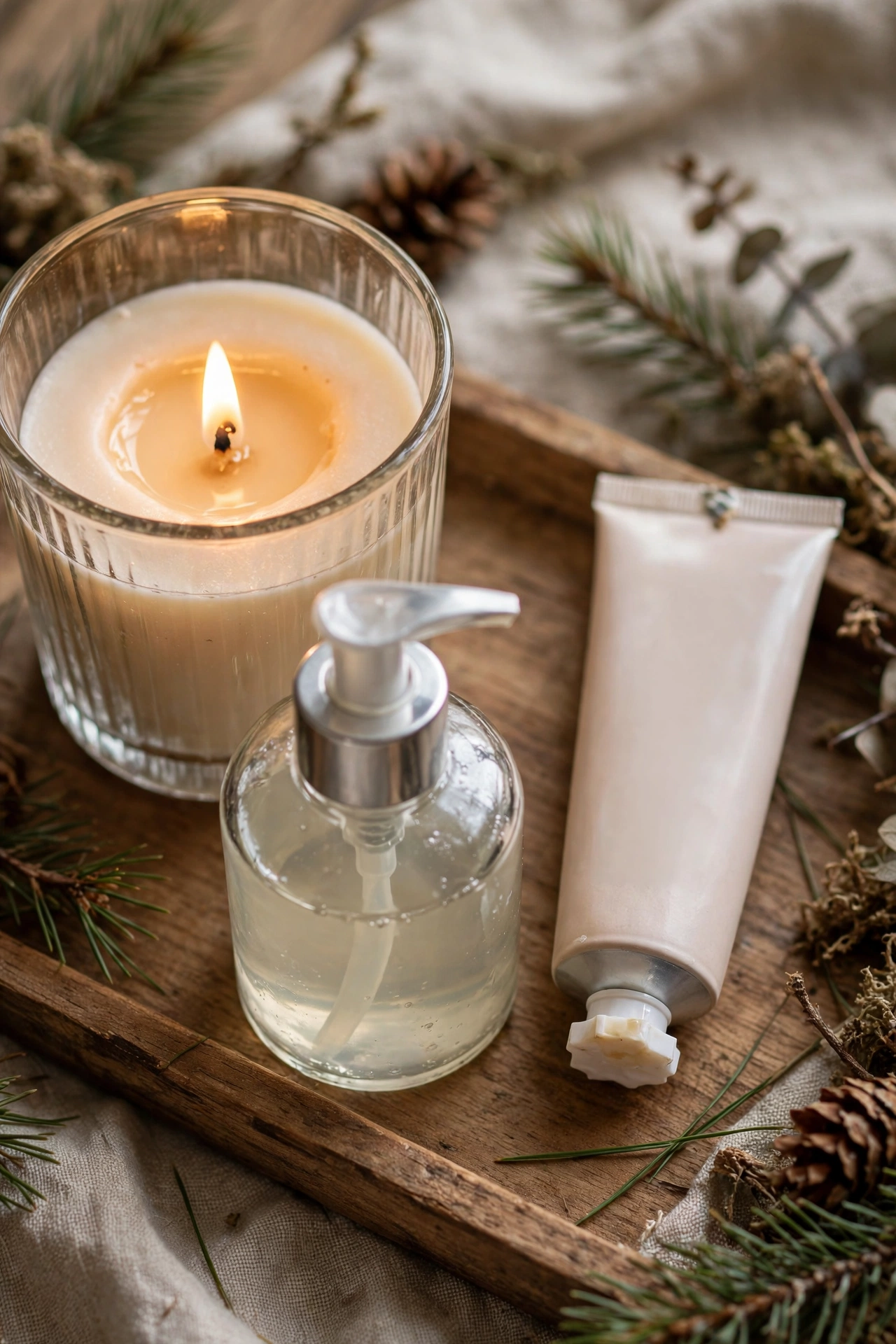 A pine-scented candle with a hand soap and hand cream set