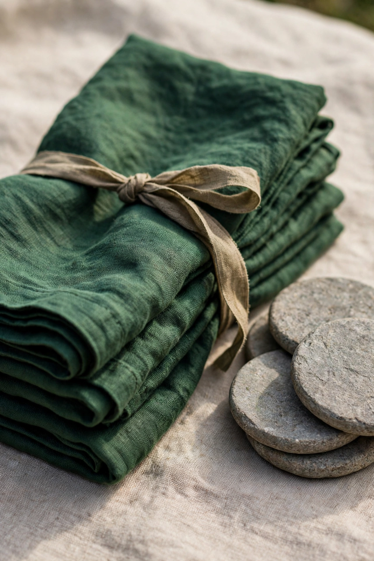 Deep green linen napkins and stone coasters for the next gathering
