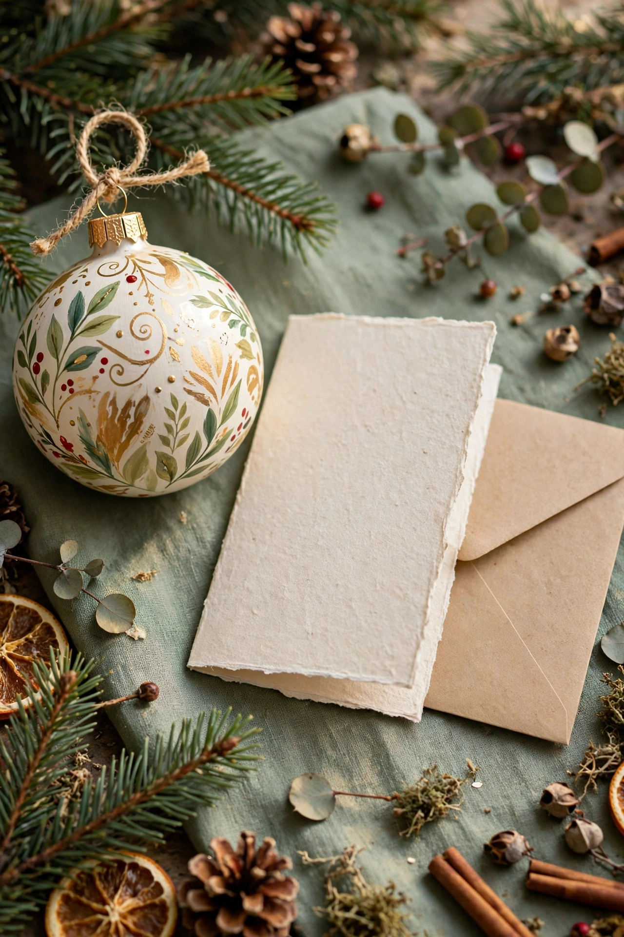 A hand-painted ornament beside a handwritten greeting card