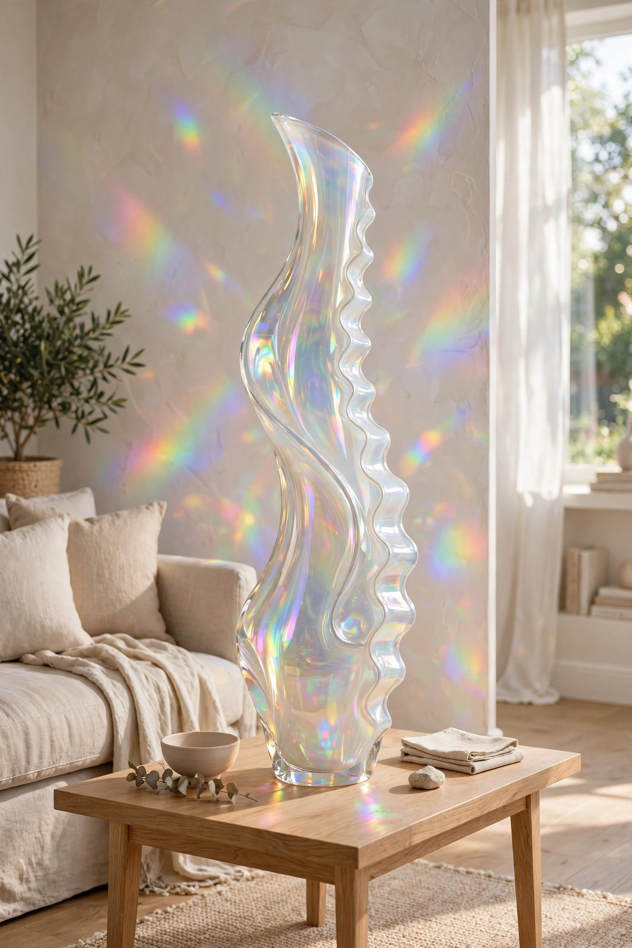 Opalescent iridescent glass vase catching daylight on a side table