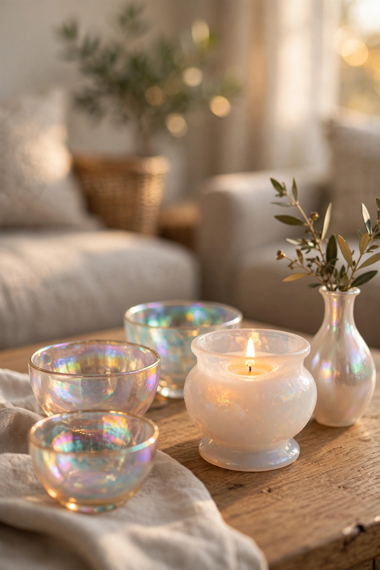 Iridescent glass bowls and candle holders styled on a coffee table