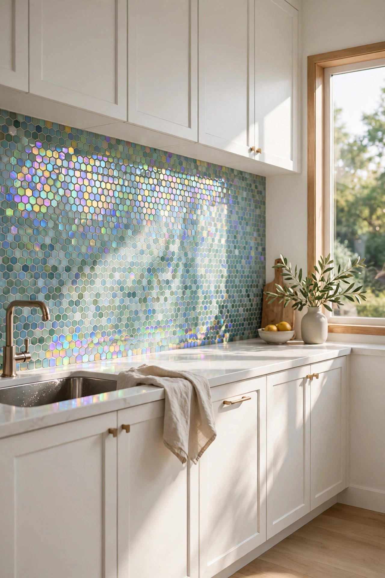 Iridescent sea-glass mosaic tile backsplash in a bright kitchen
