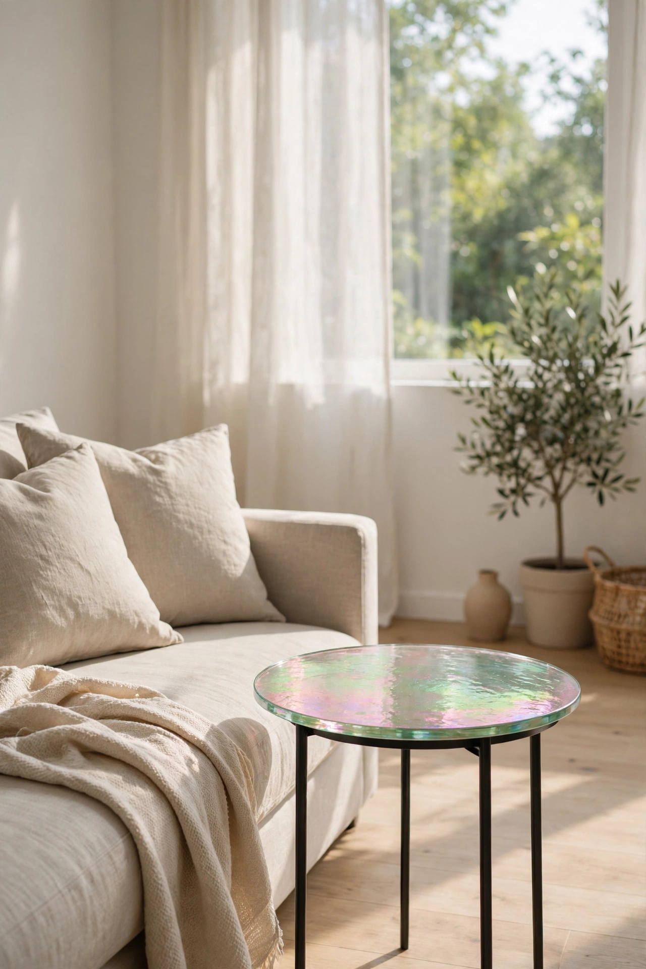 Round side table with an iridescent glass top beside a linen sofa