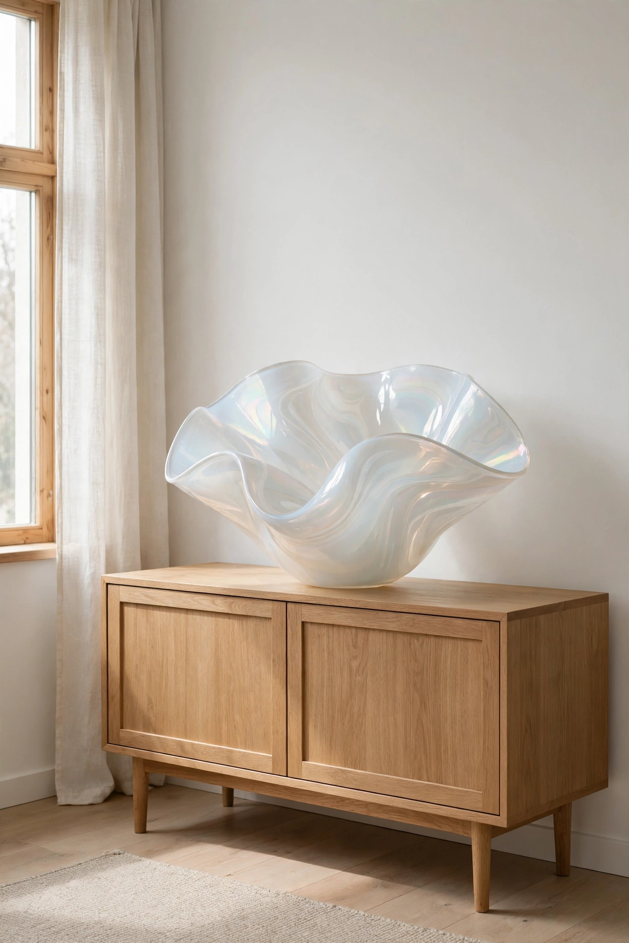 Single opalescent bowl on an oak credenza in a minimalist living room