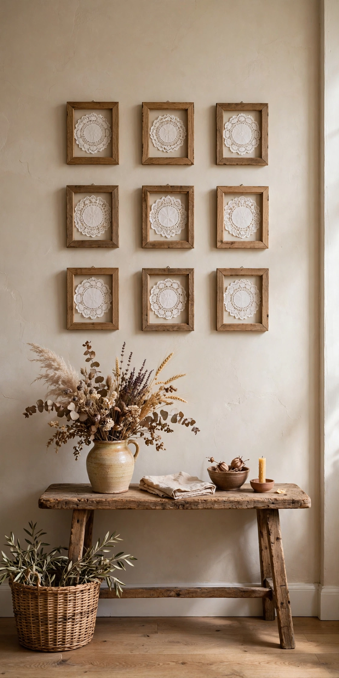 Framed vintage lace doilies arranged as gallery wall art above a rustic console table