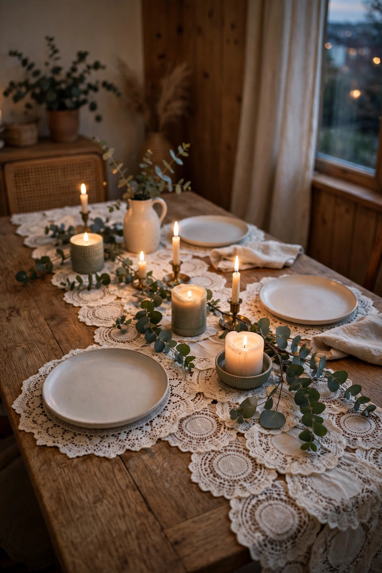Cream lace doilies layered as a table runner with candles and eucalyptus on a dining table