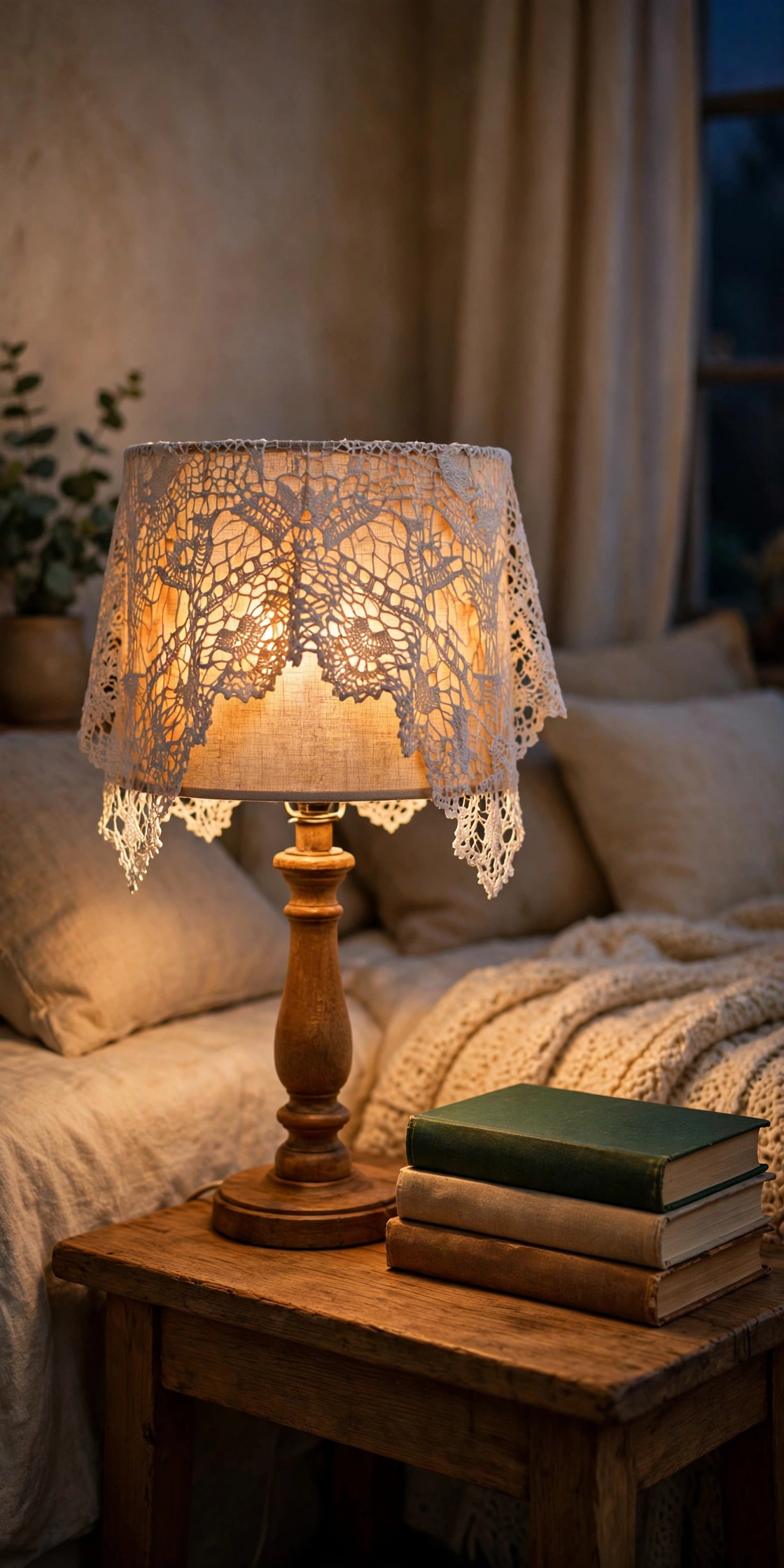 Table lamp with a drum shade wrapped in a white lace doily, glowing on a wooden side table