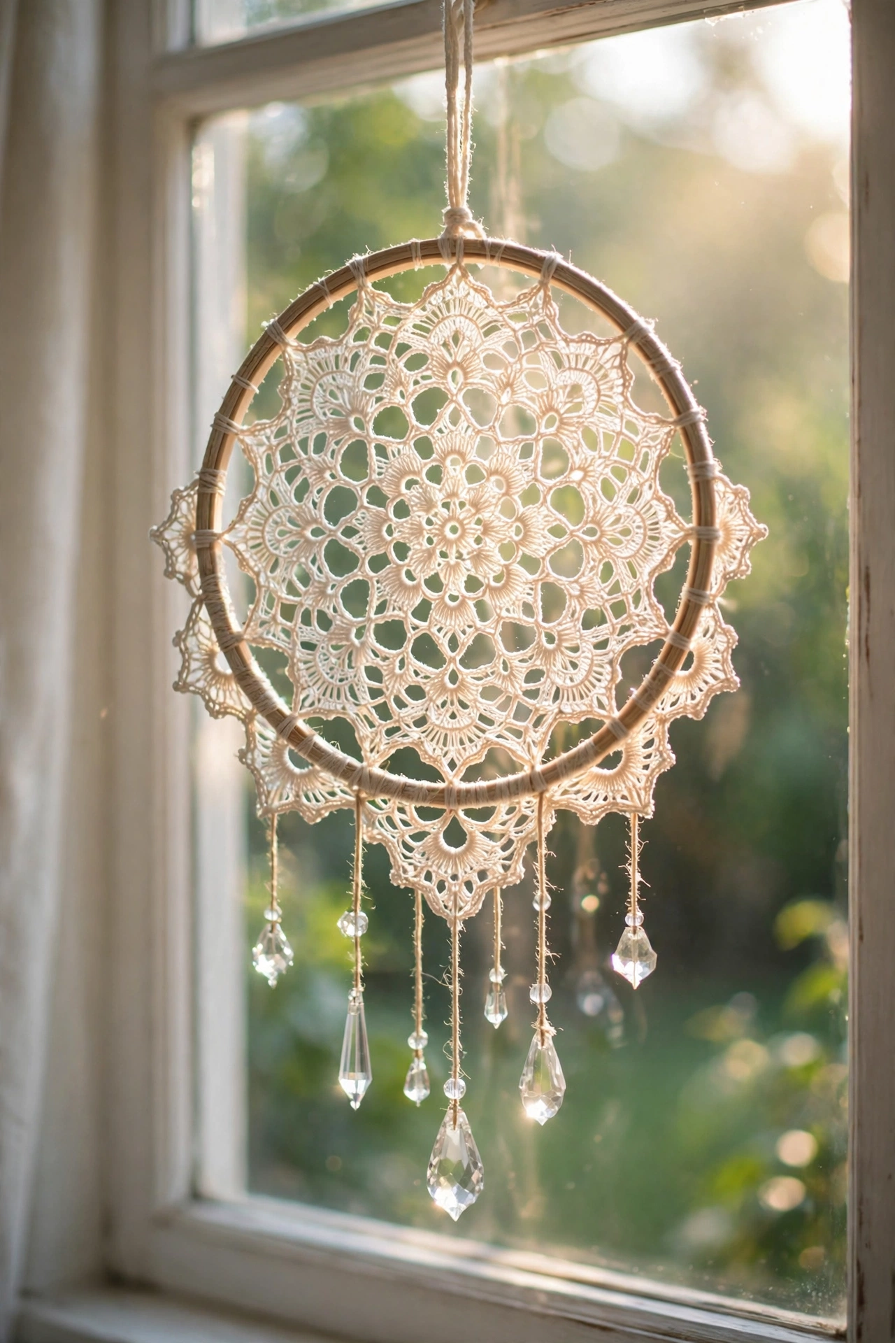 Lace doily dreamcatcher suncatcher hanging in a bright window with soft sunlight