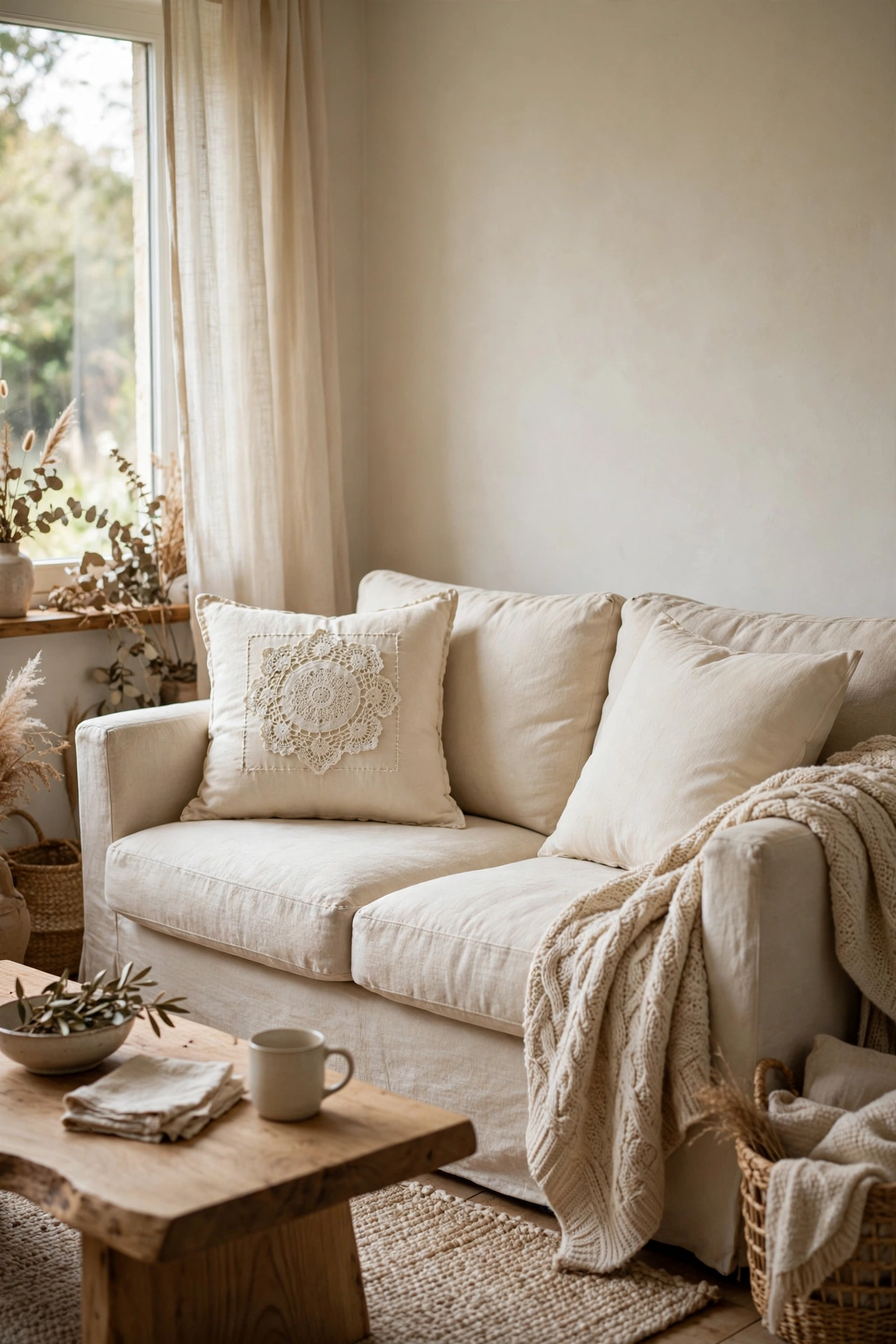 Cream cushion with a vintage lace doily applique stitched on the front, on a linen sofa