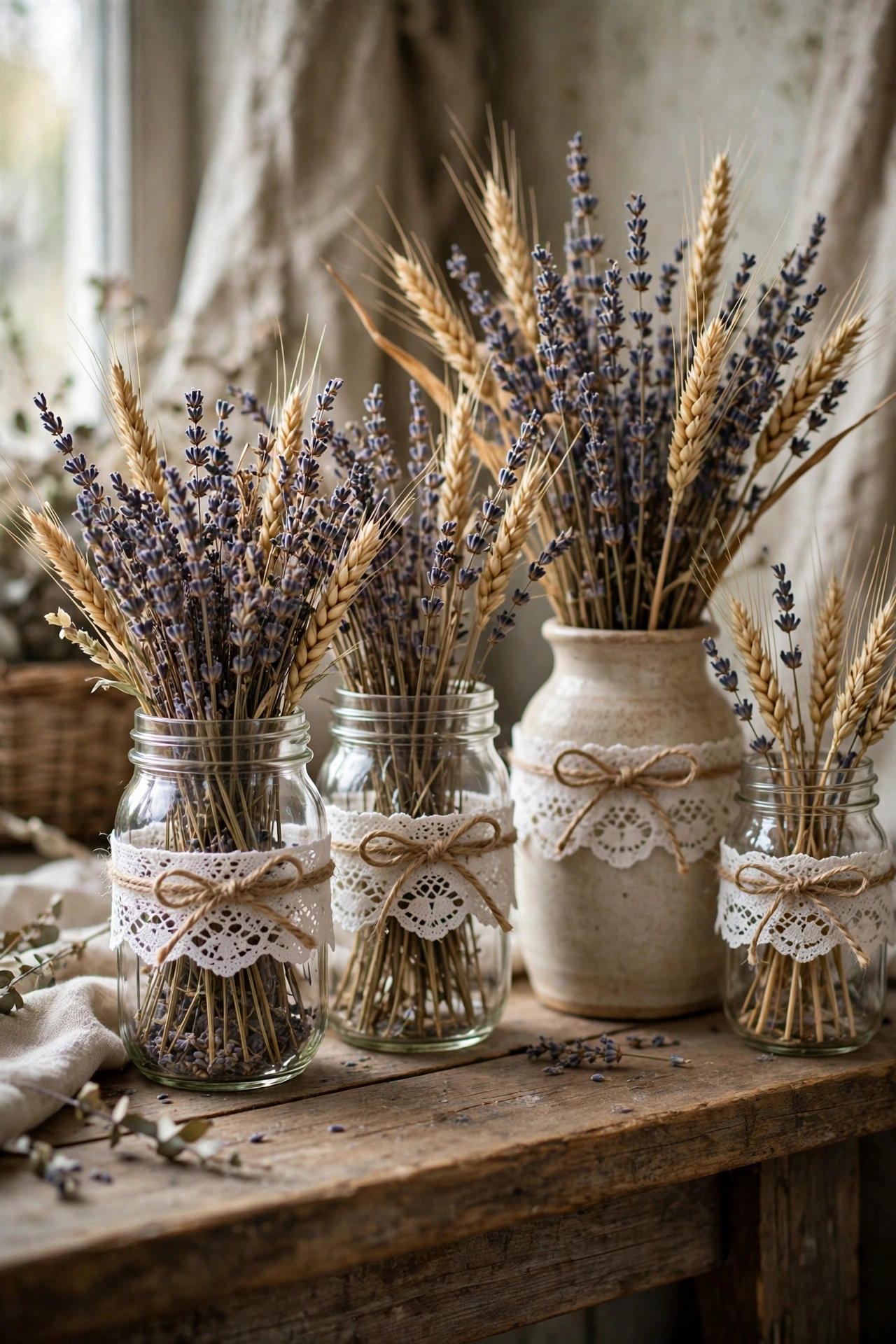 Mason jars and a vase wrapped with lace doilies and twine, holding dried lavender