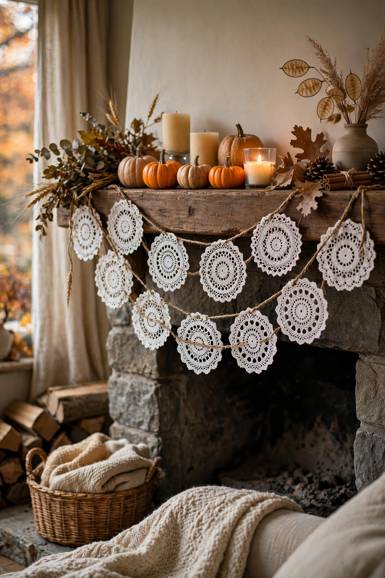 Garland of white lace doilies strung on twine across a wooden mantel with candles
