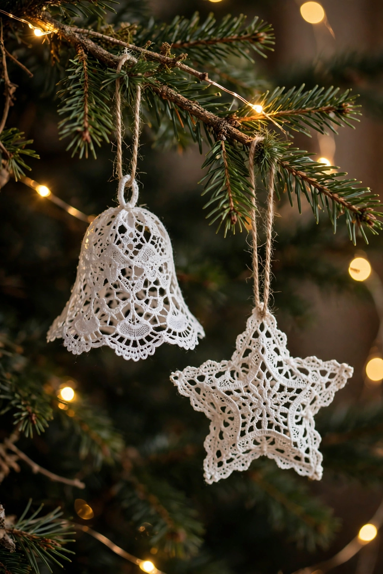 Handmade Christmas ornaments crafted from stiffened lace doilies on a tree branch