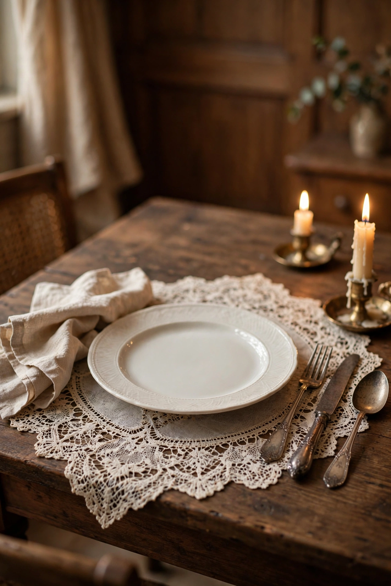 Elegant place setting with a large lace doily as a placemat under a ceramic plate