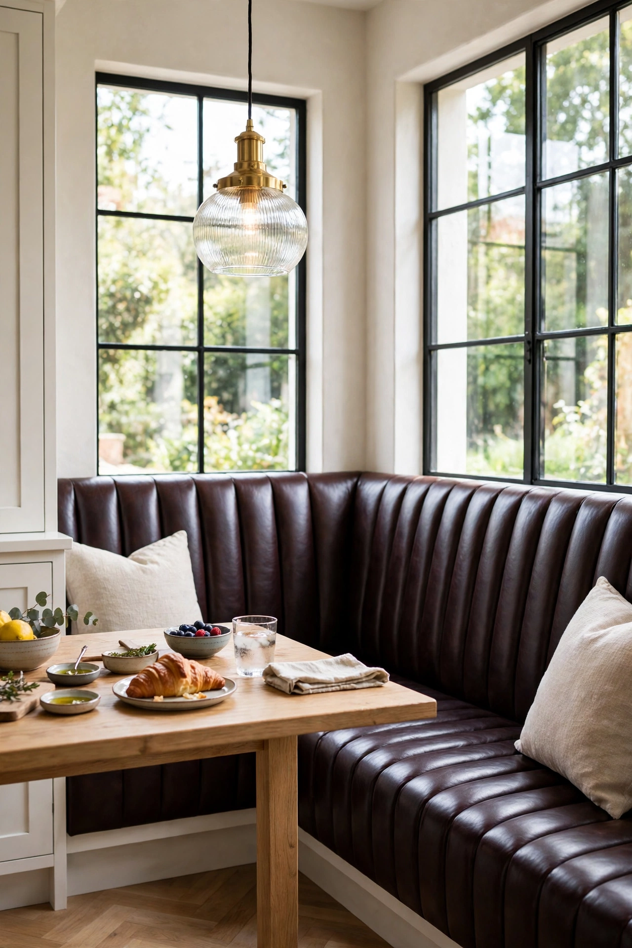 Channel-tufted oxblood leather banquette in a breakfast corner