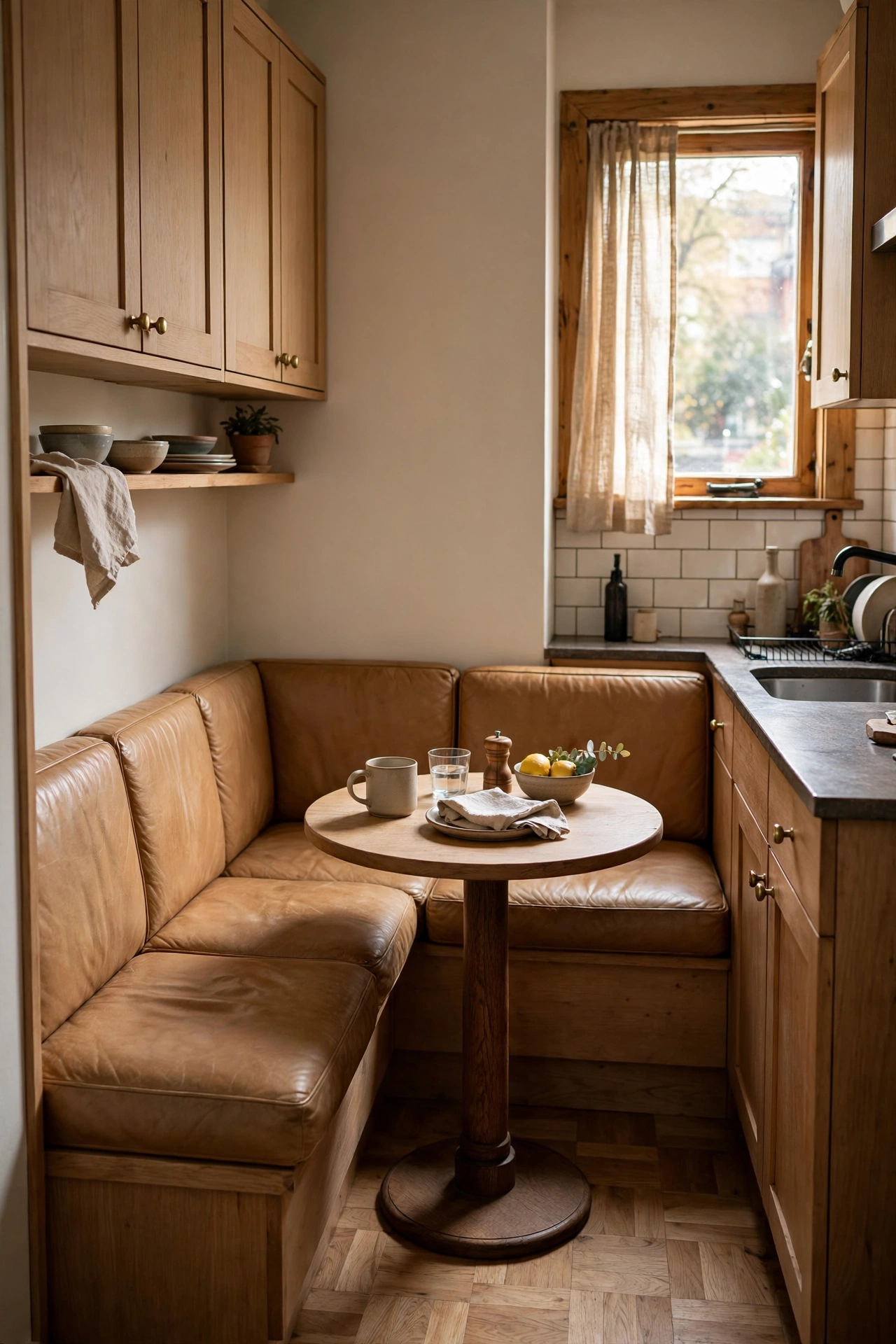Small-space tan leather banquette seating four