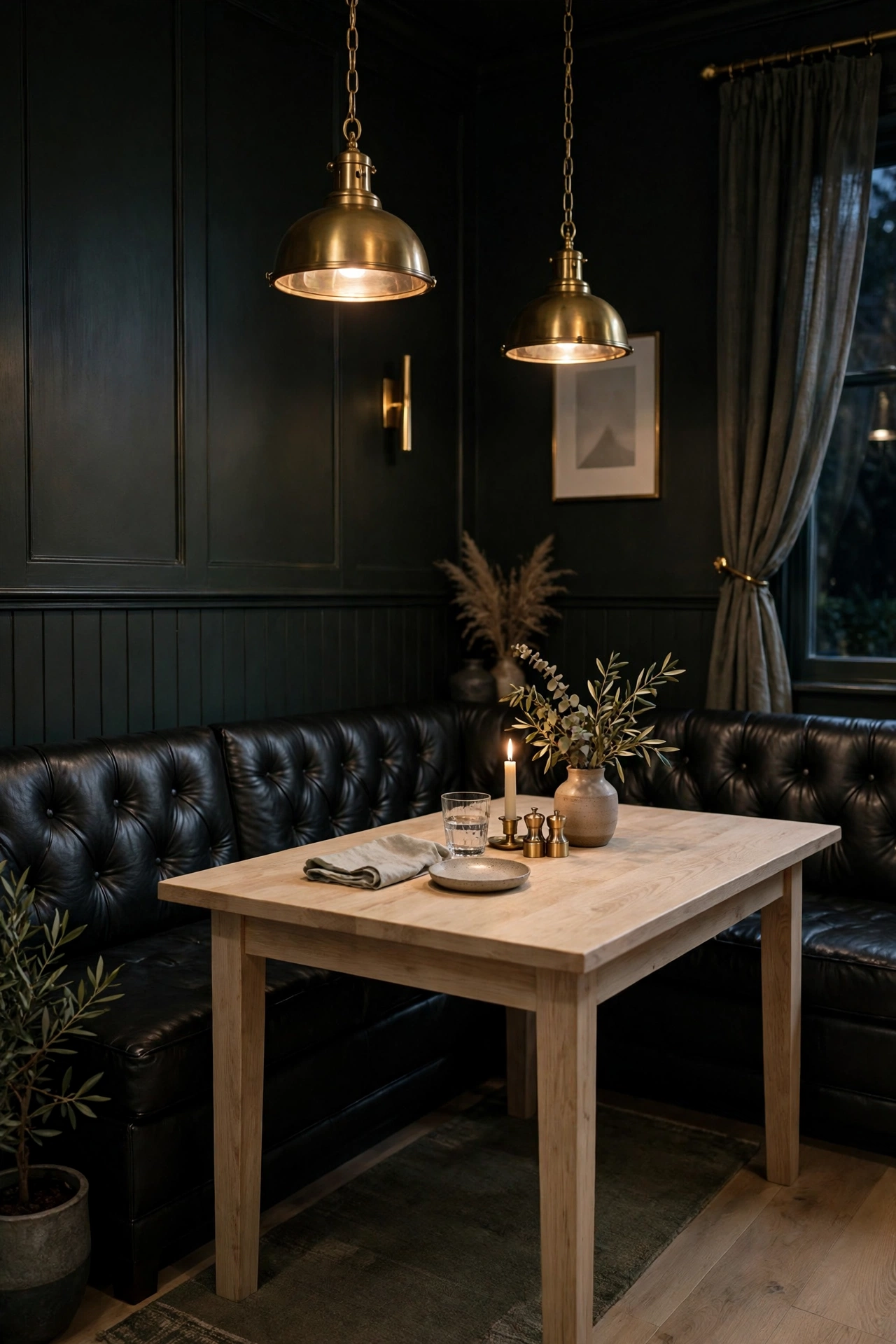 Black leather banquette with brass details in a moody dining corner