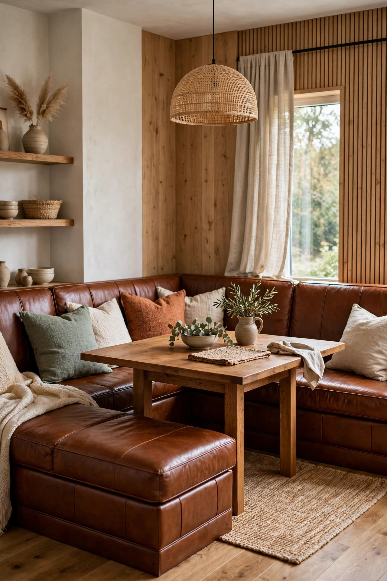 L-shaped chestnut leather family dining nook