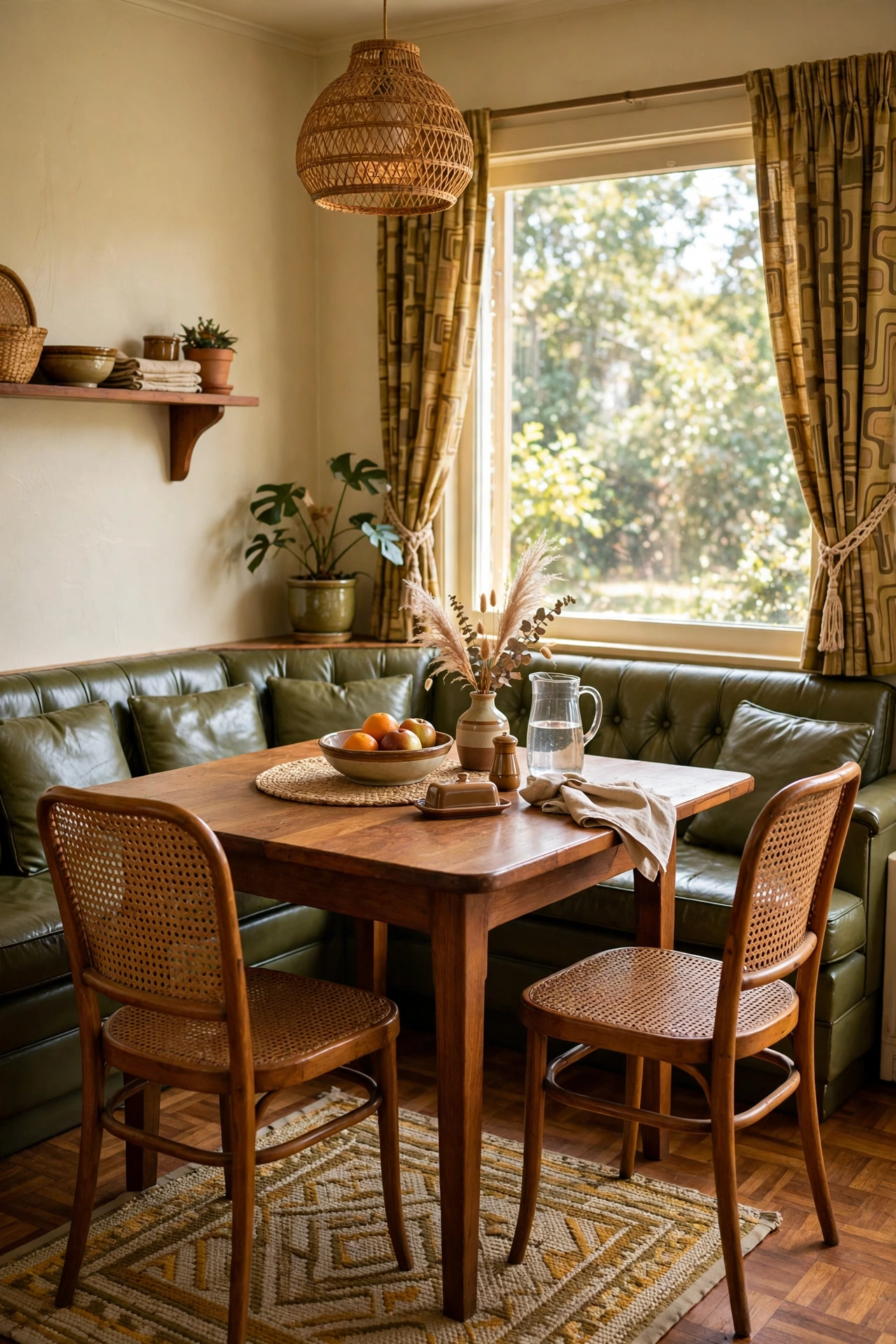 Olive green retro leather banquette in a 1970s breakfast room