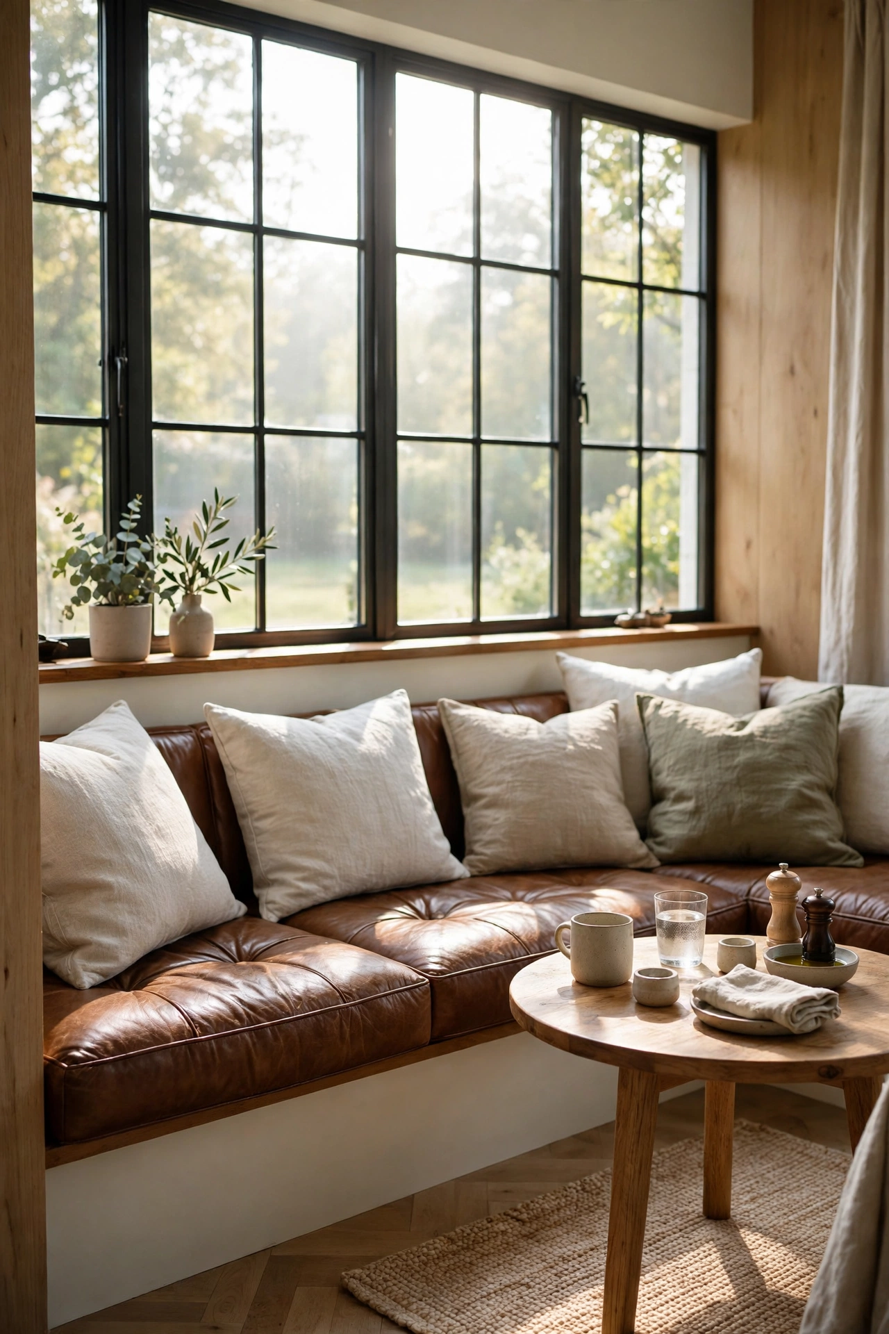 Leather banquette bench under a bright window