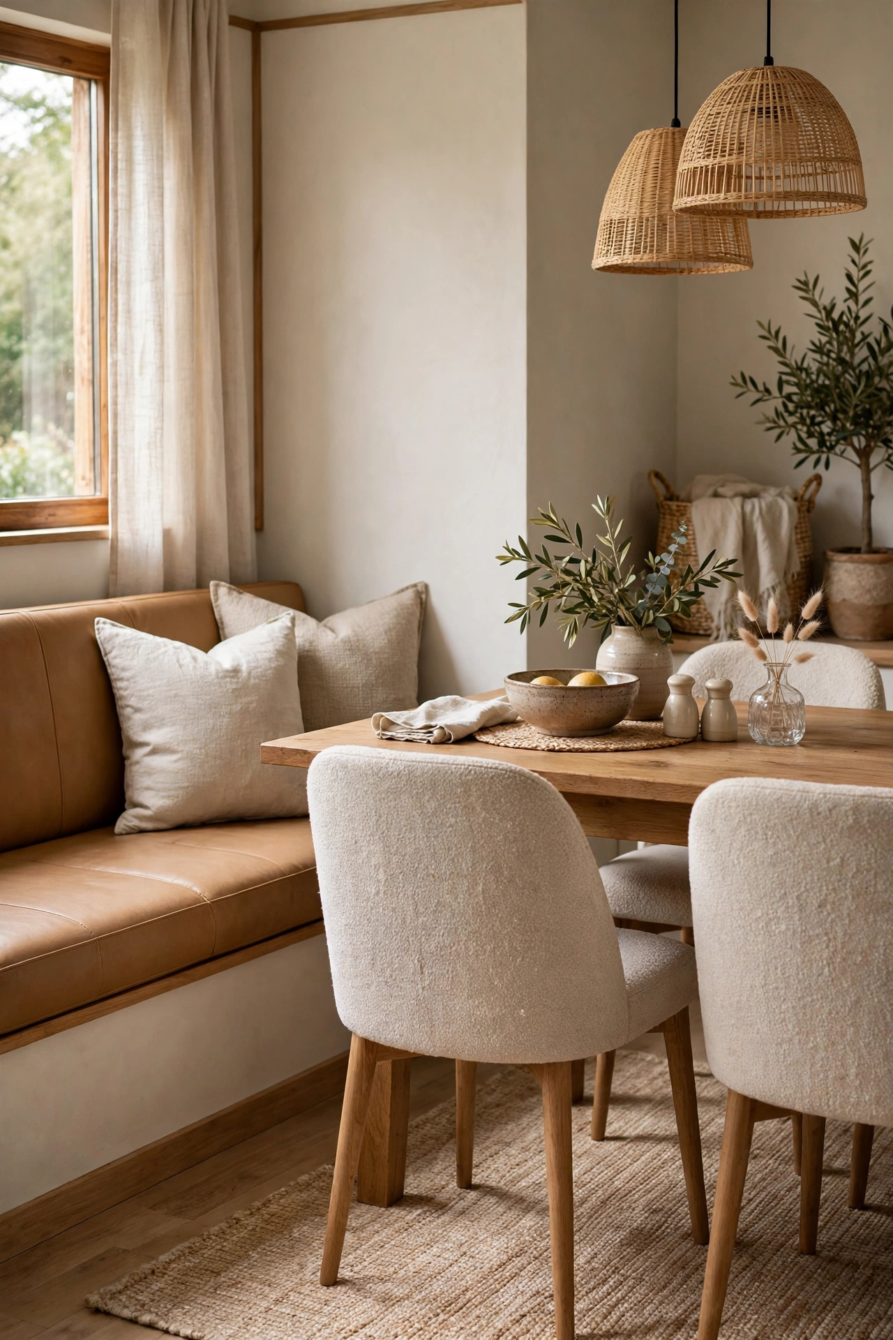Leather wall bench paired with fabric dining chairs
