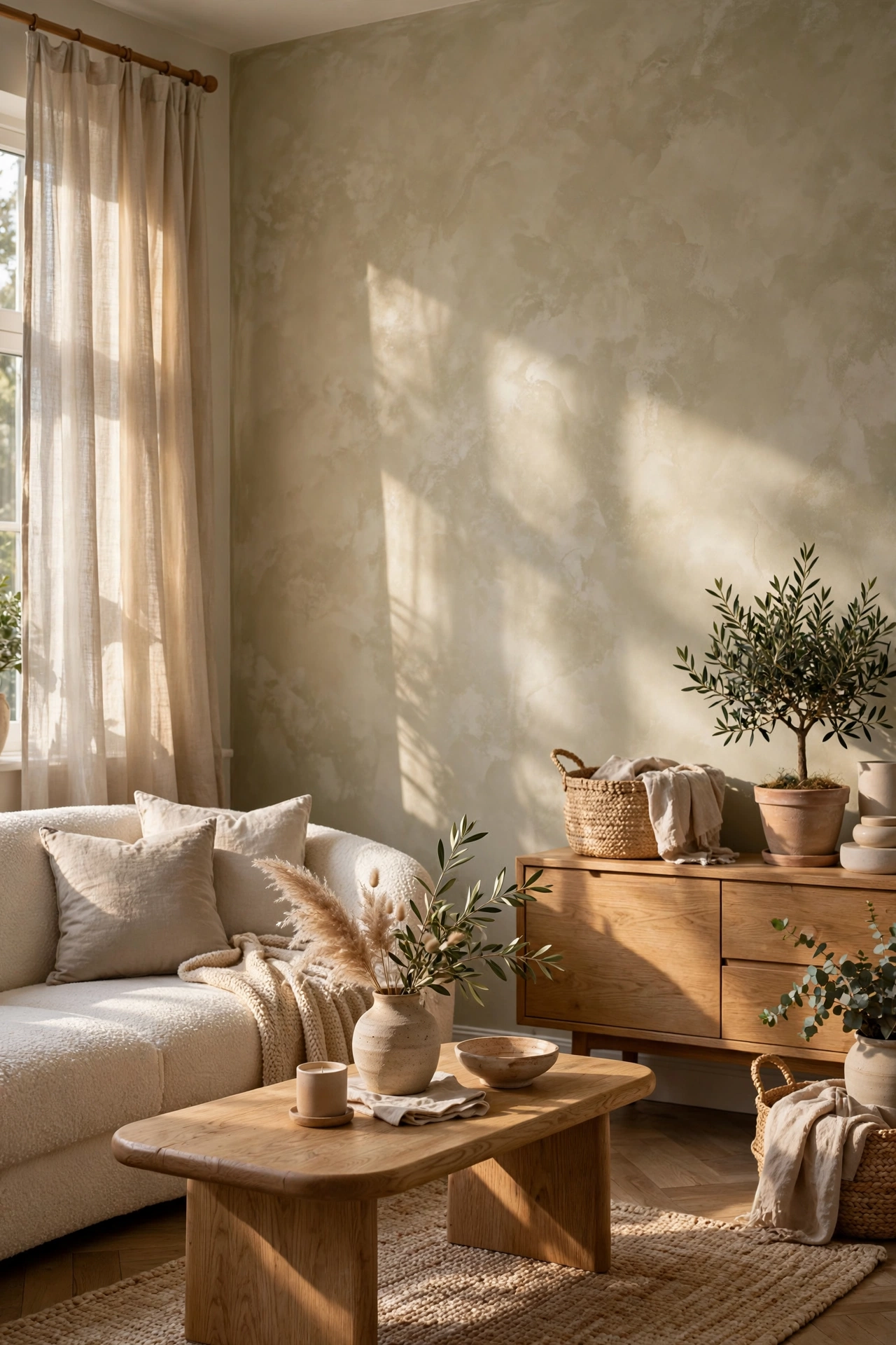 A living room in mushroom-taupe limewash, light shifting across the textured walls