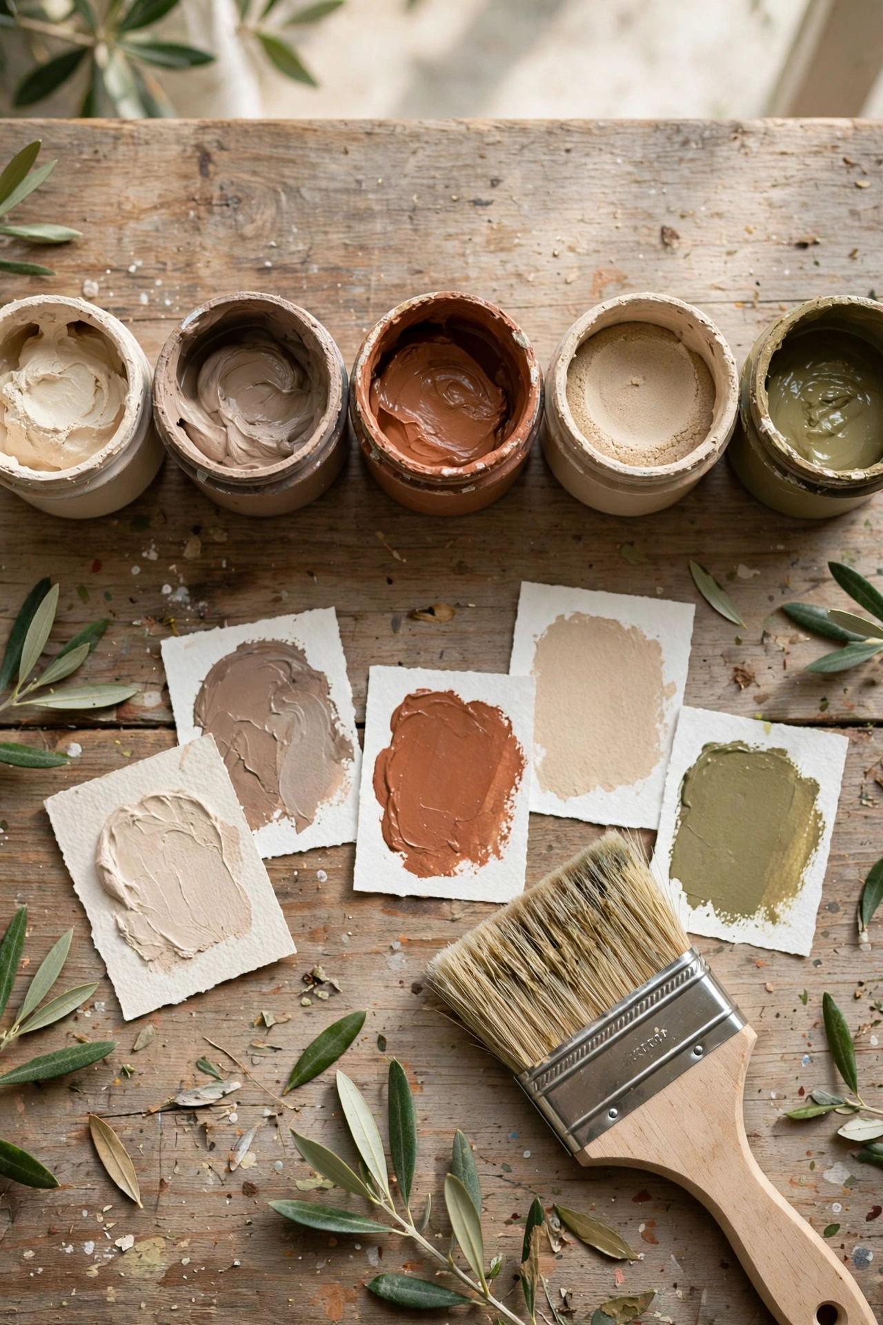 Limewash colour pots in earthy tones with a block brush and painted swatches