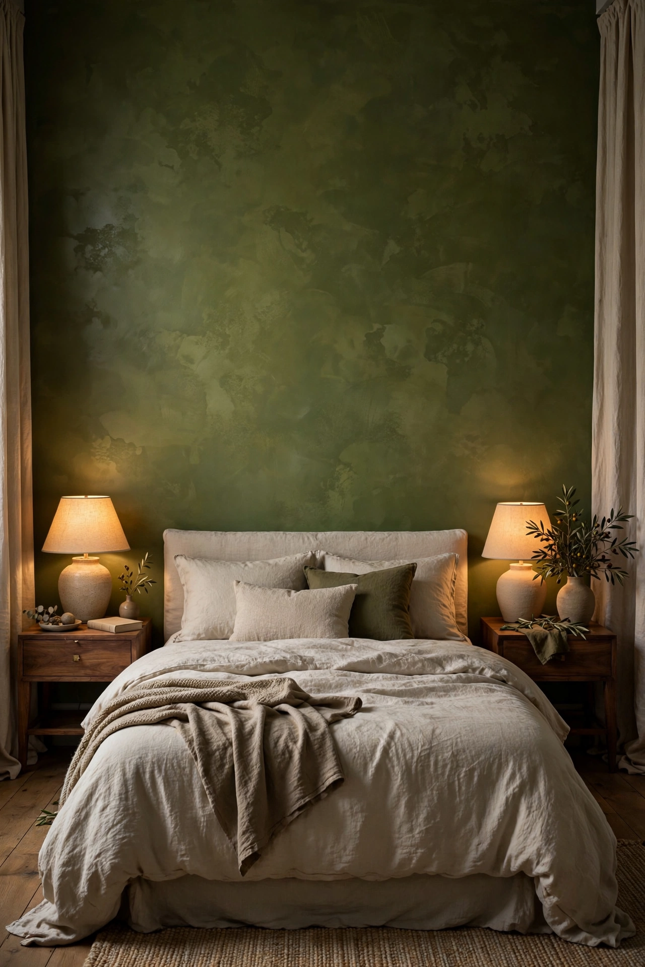 Deep olive limewash feature wall in a calm bedroom with warm lamplight