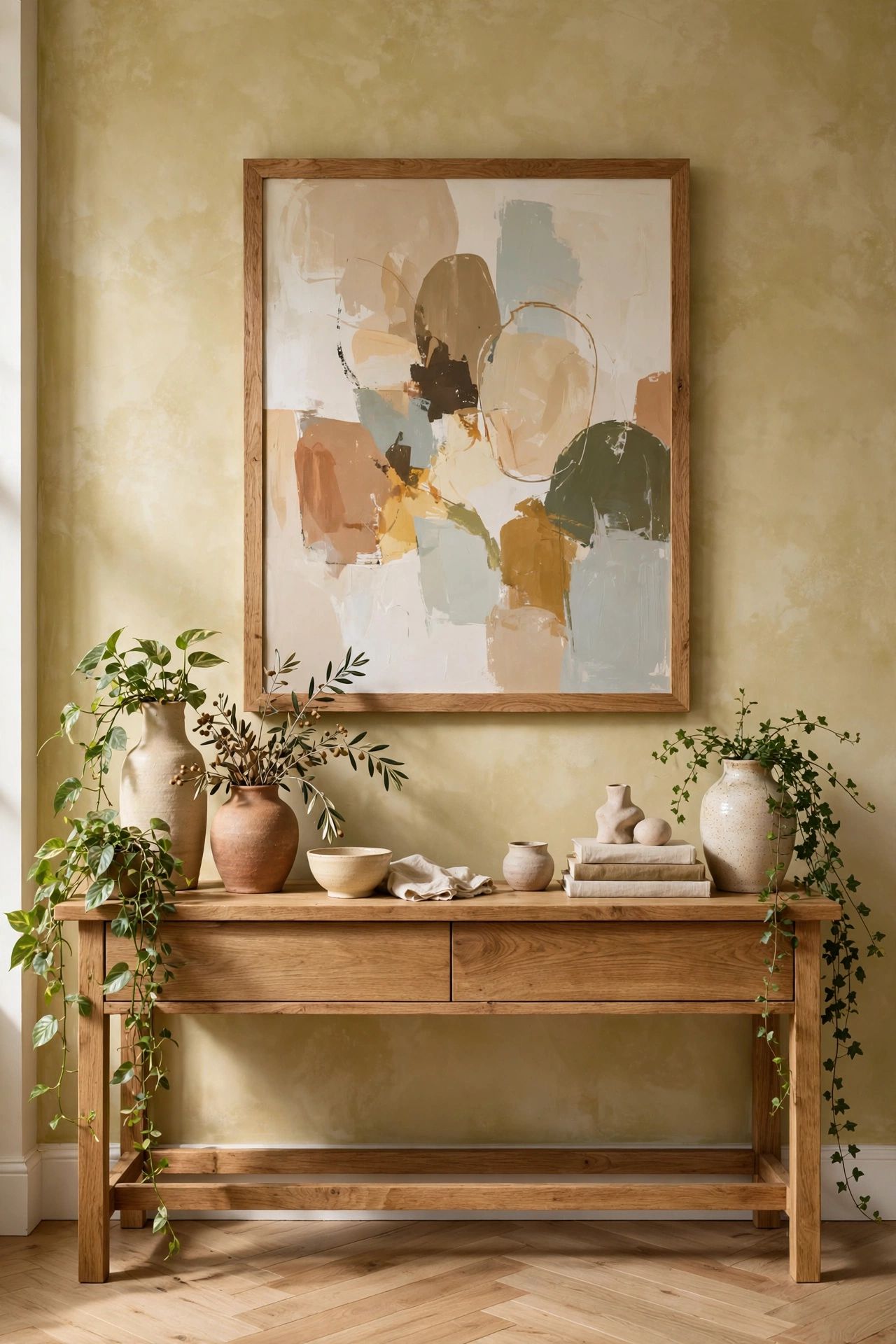 A styled oak console against a sand-coloured limewash wall