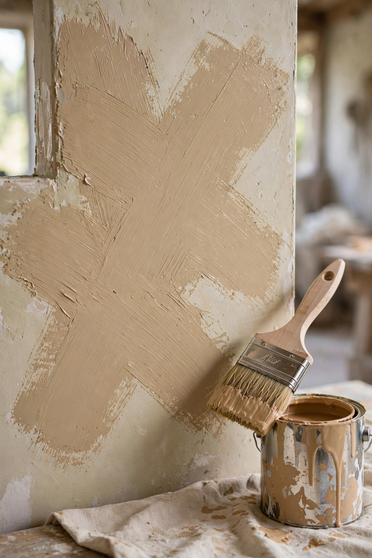 Limewash applied with broad criss-cross brush strokes