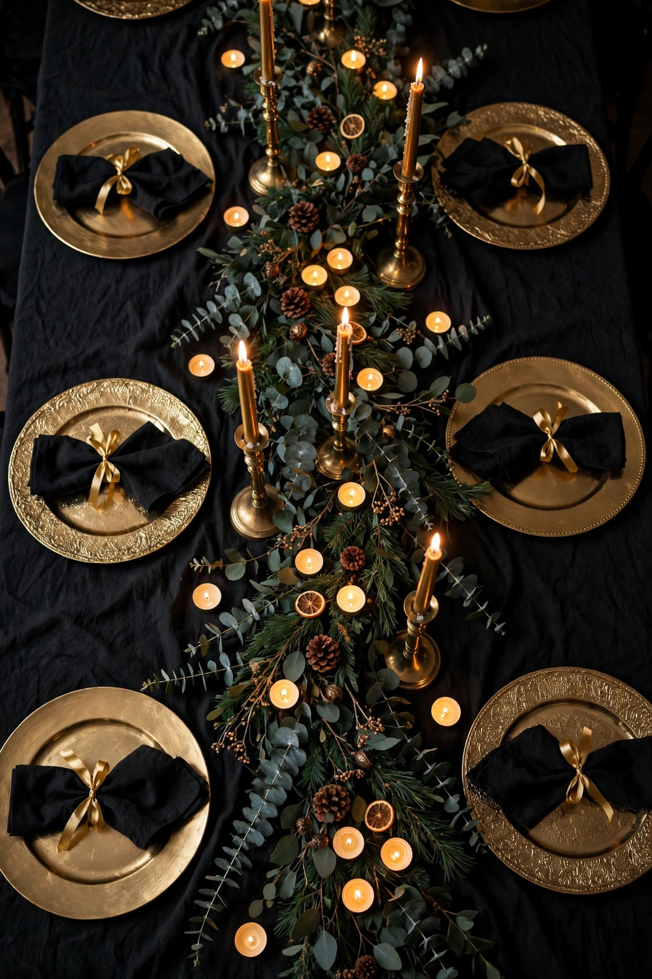A ballroom-style Christmas table in black and gold
