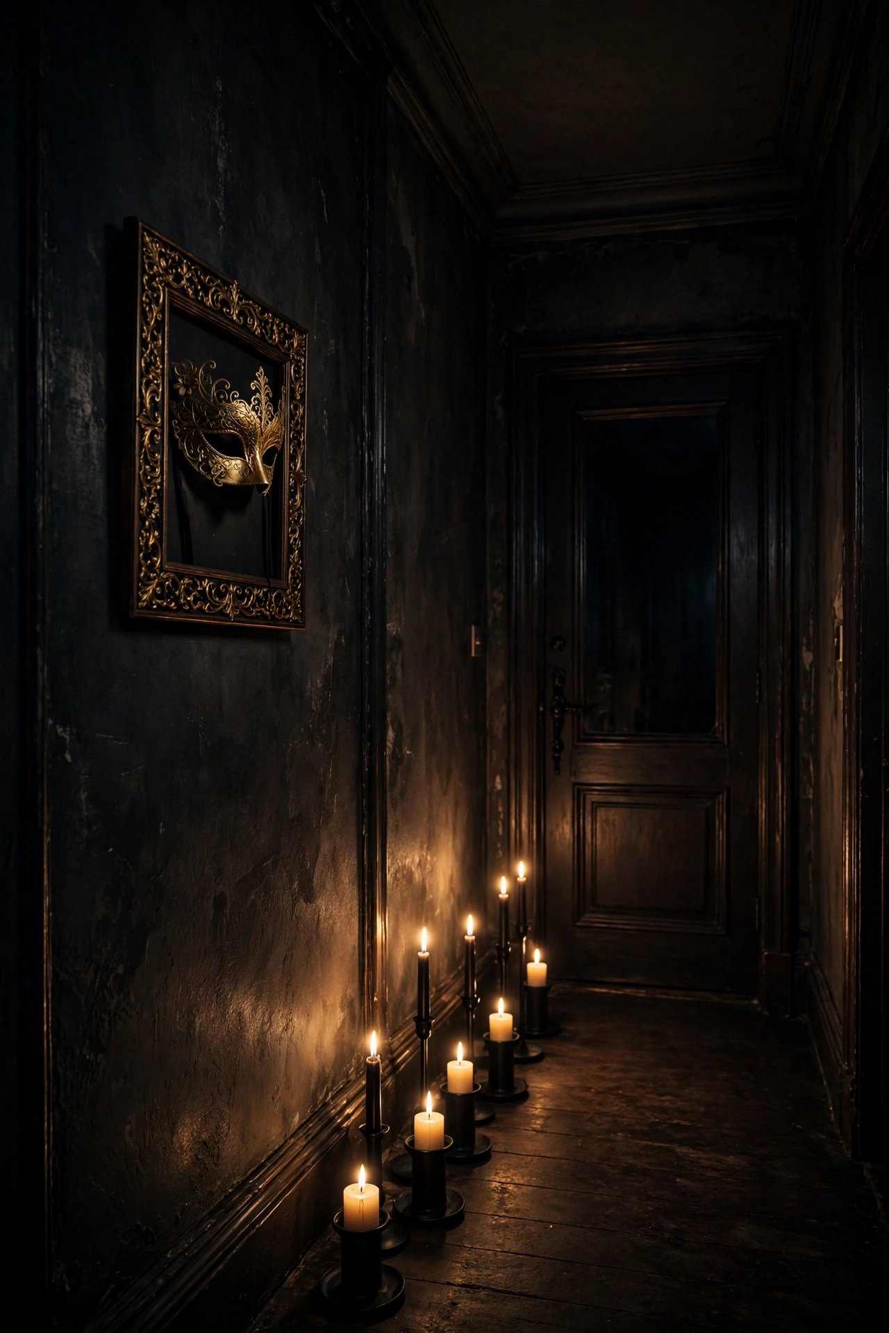 A candlelit entryway with a framed masquerade mask greets guests