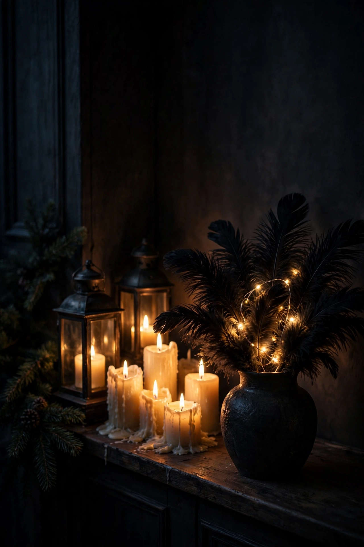 Pools of candlelight and warm fairy lights create a secret atmosphere