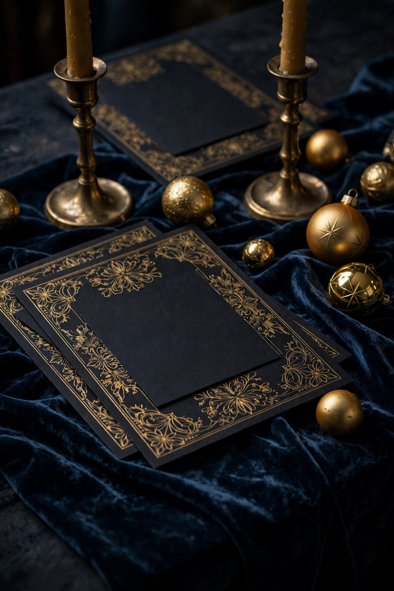 Midnight-blue velvet and brass candlesticks set the masquerade colour story
