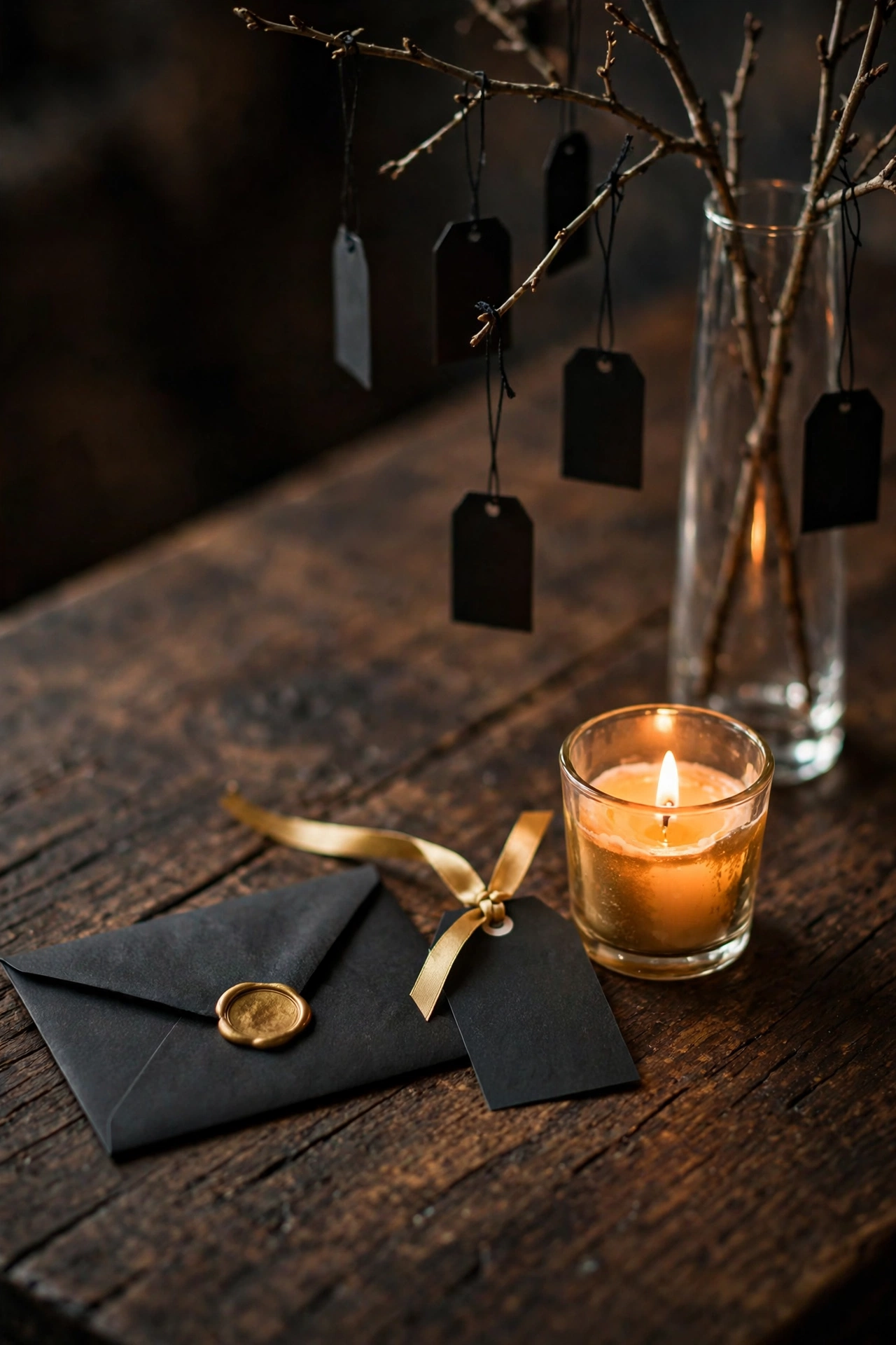 Small black-and-gold details: fortunes, tags, and a wishing branch