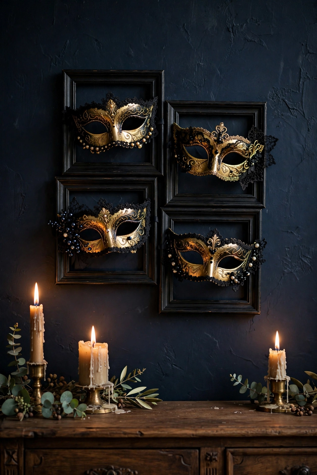 A gallery wall of ornate masquerade masks above the sideboard