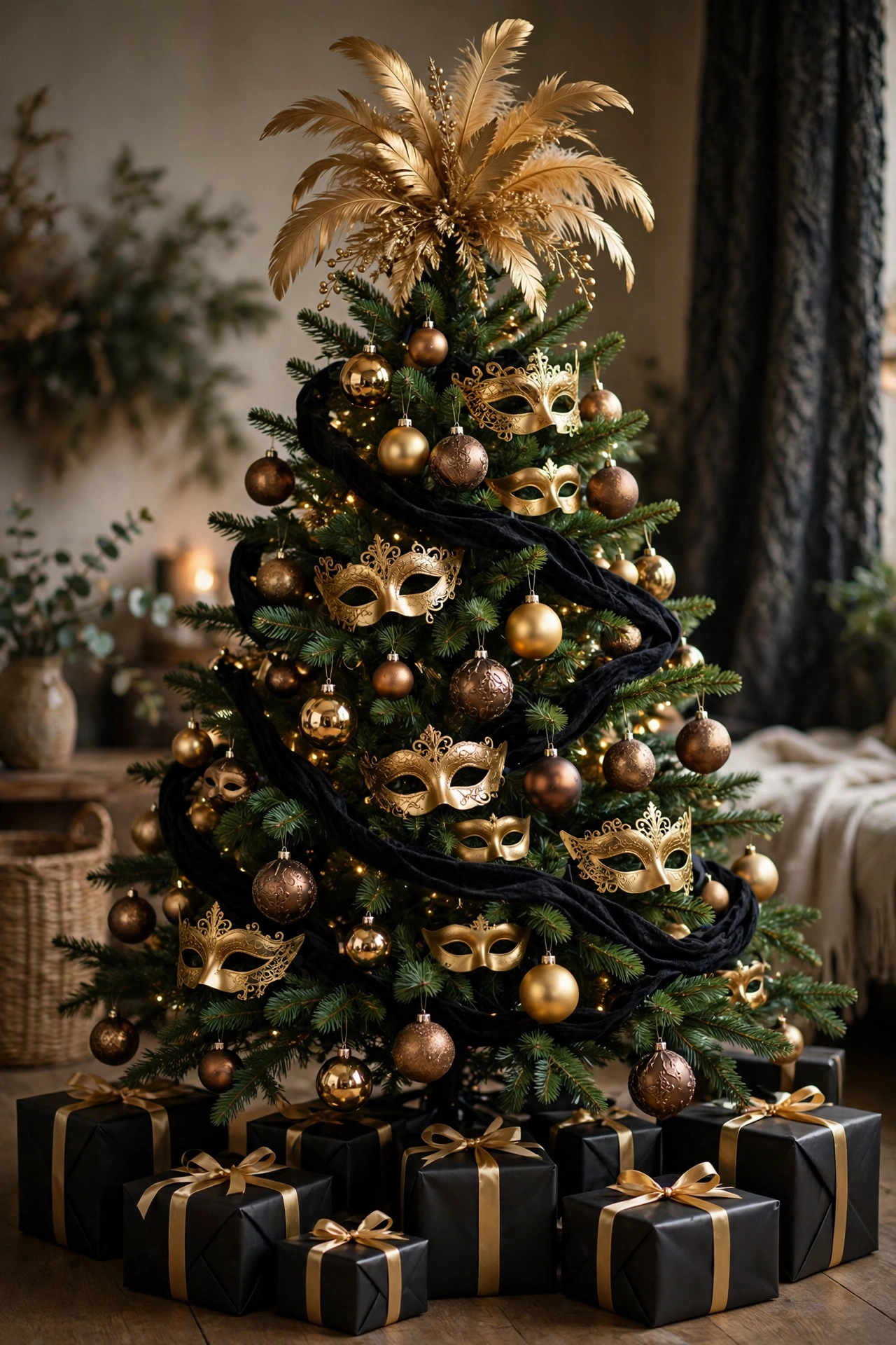 A masquerade-dressed tree with gold masks and black velvet ribbon