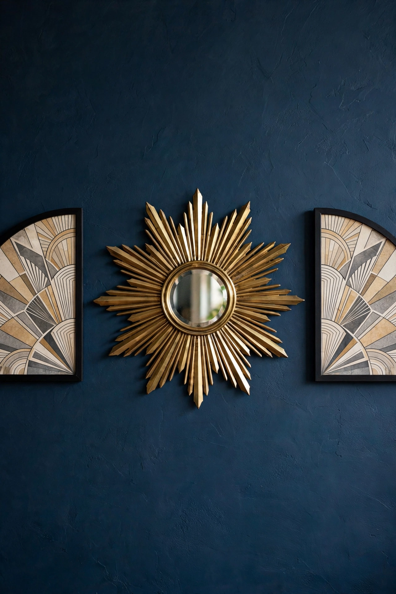 Brass sunburst mirror with radiating rays on an ink-blue wall, flanked by fan-shaped art prints