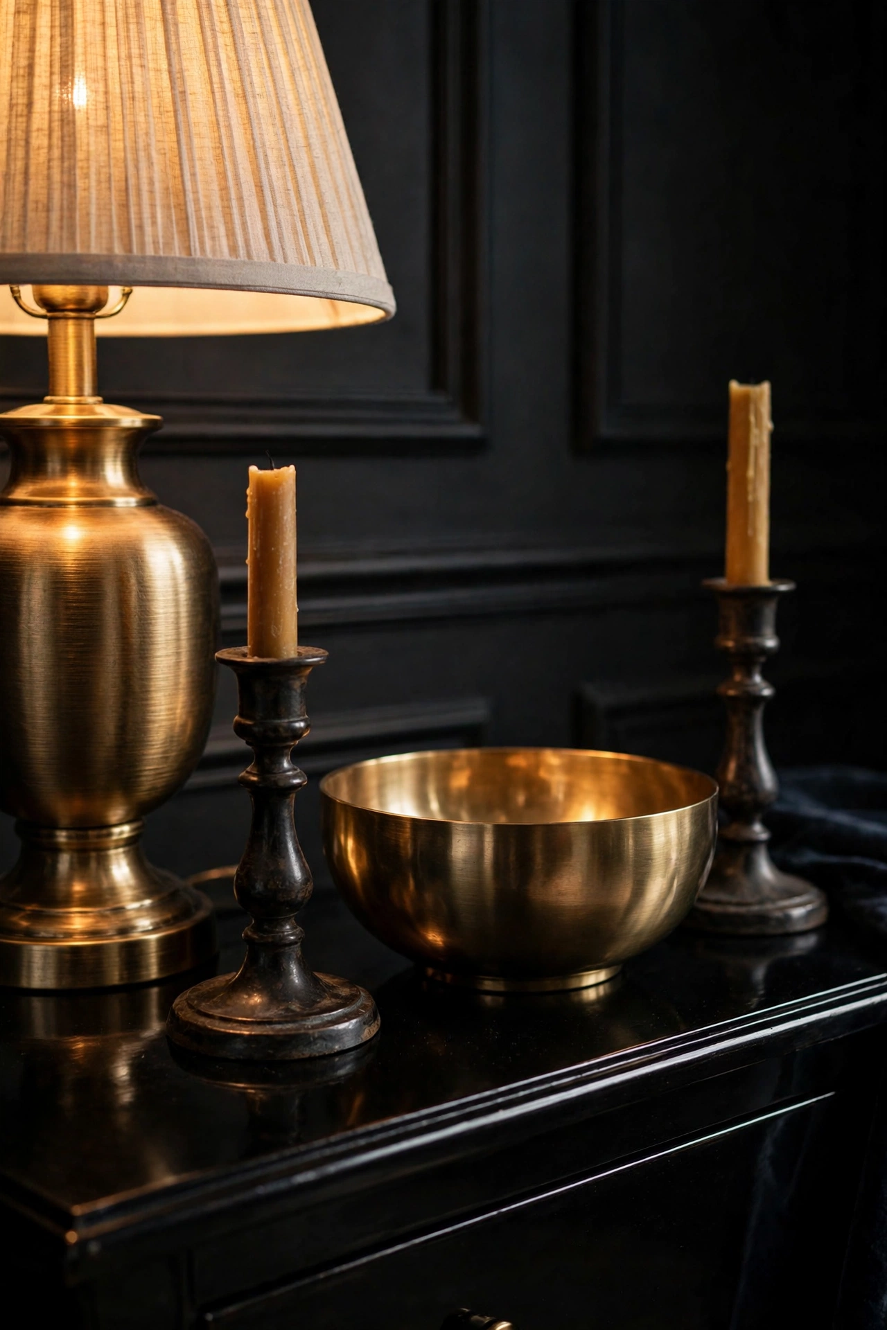 Brushed-brass lamp and polished brass bowl on a black lacquered console
