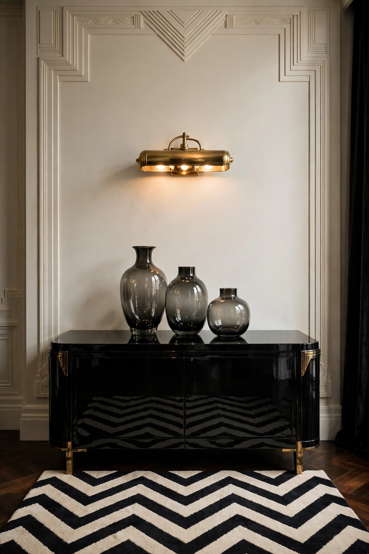 Ivory wall with glossy black console and brass picture light, high-contrast deco styling