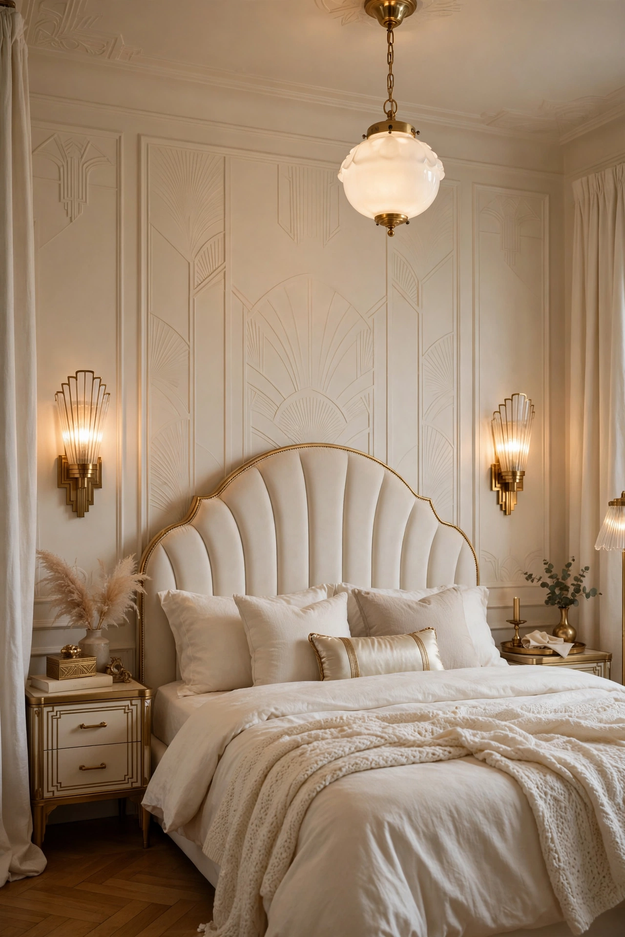 Bedroom with fluted-glass brass sconces, arched headboard, and milk-glass globe pendant