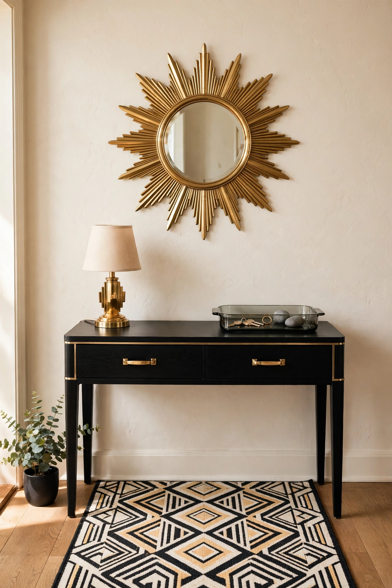 Entryway with brass sunburst mirror, black console, and geometric runner rug