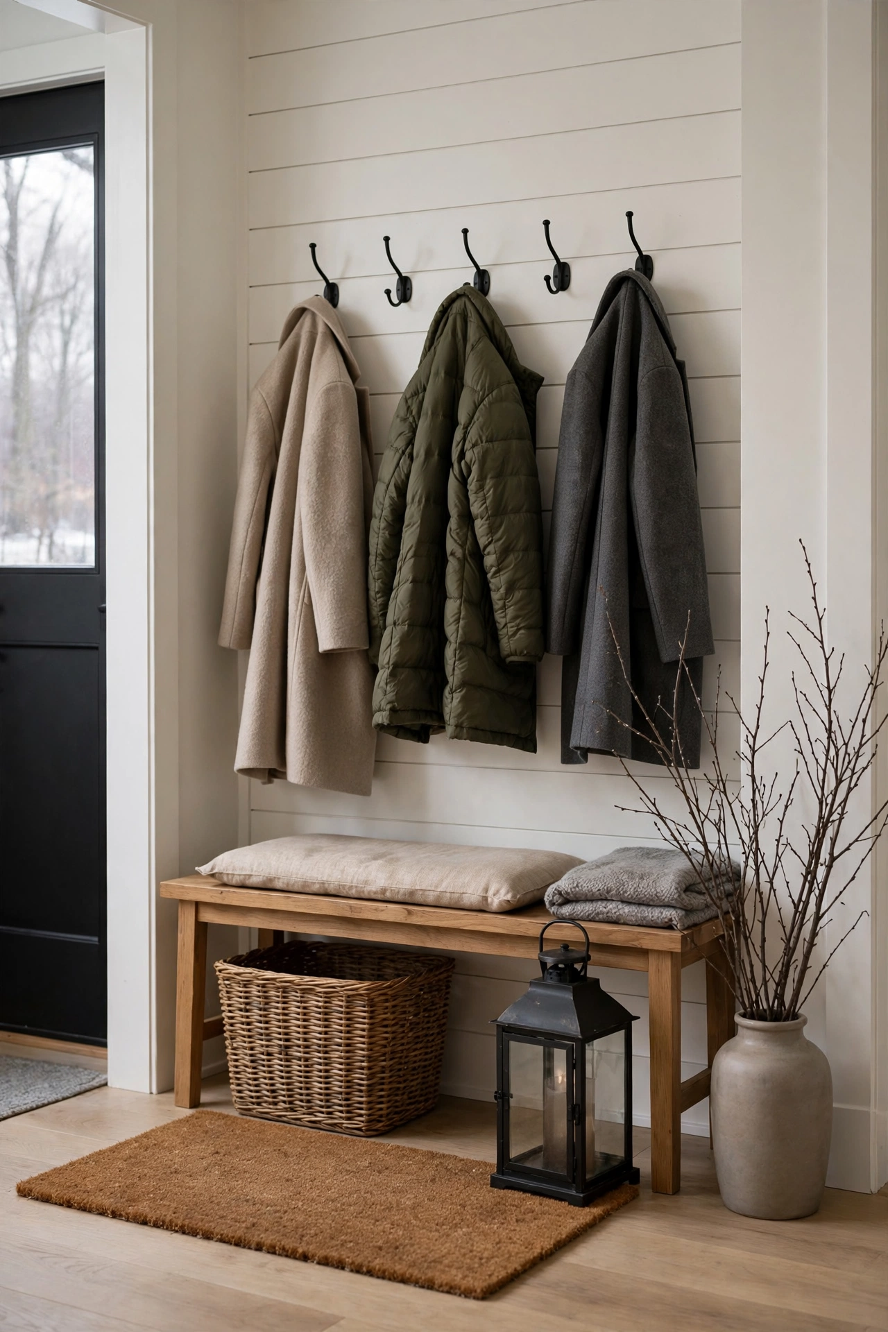 A tidy January entryway with a bench, woven basket and bare branches