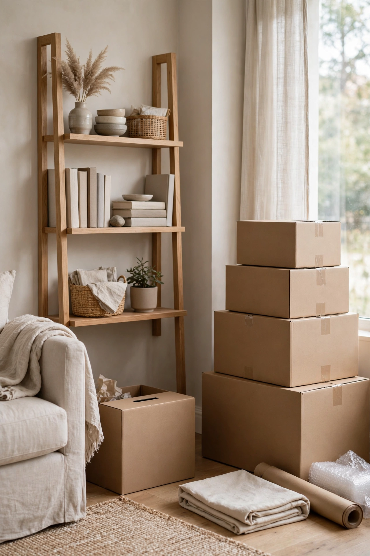 A calm living room being edited one room at a time