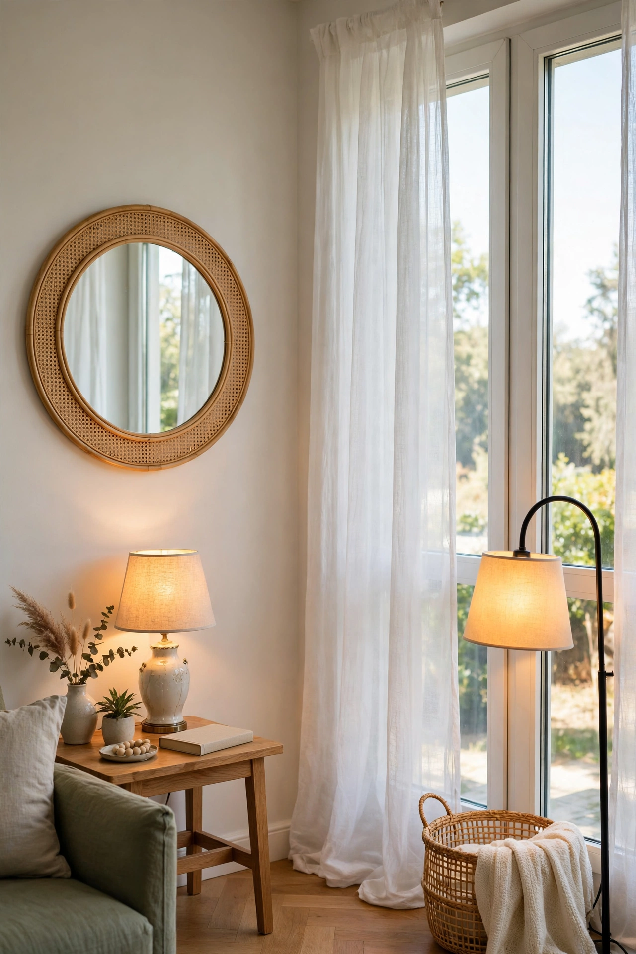 A bright corner with clean windows, warm lamps and a mirror