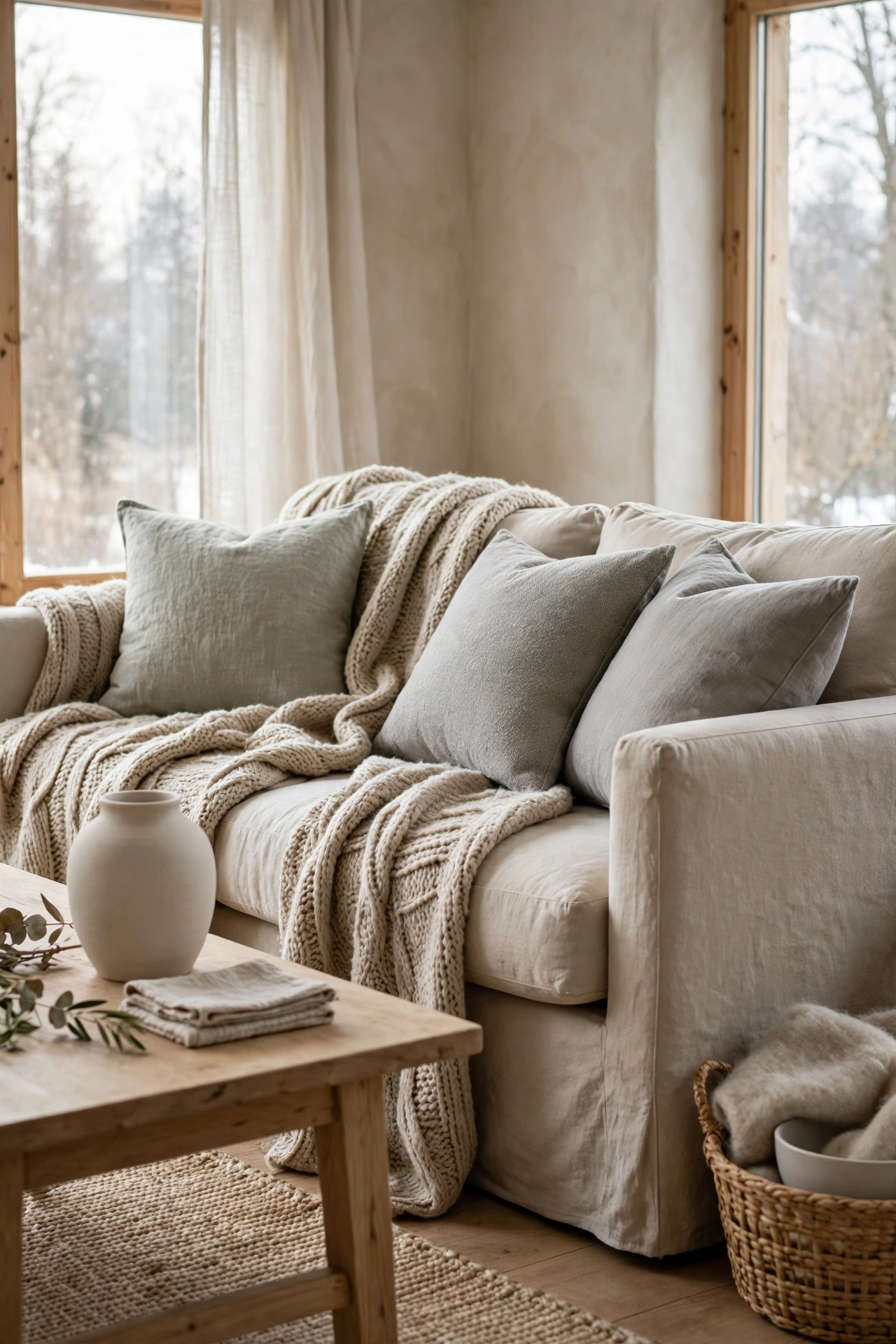 A sofa styled in calm winter neutrals with an oatmeal throw