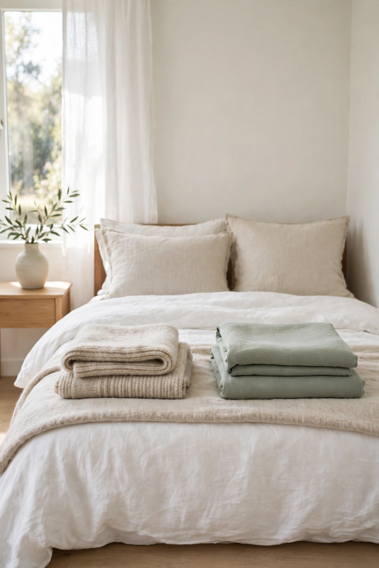 Freshly laundered throws and cushion covers in soft neutrals