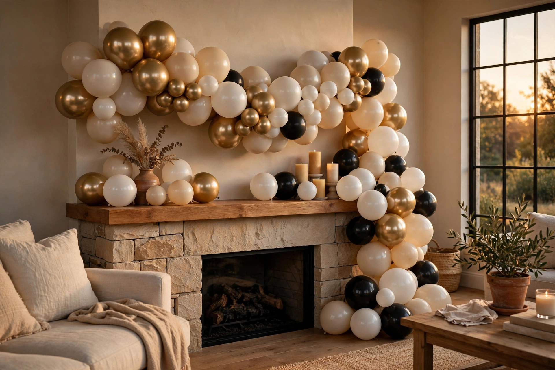 An organic balloon garland in gold and champagne over the mantel.