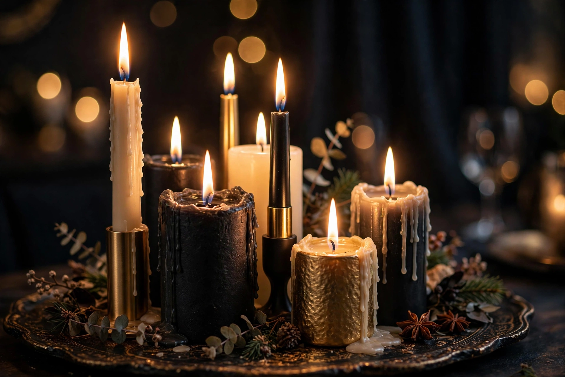 Clusters of taper and pillar candles set the mood after dark.